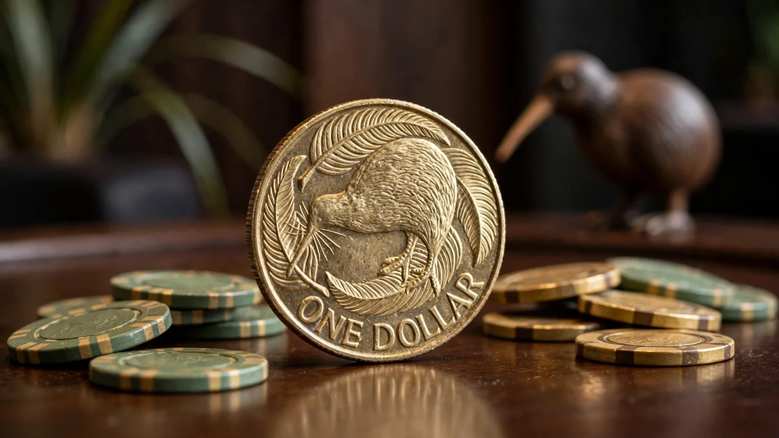 Single NZ dollar coin on a casino table with chips and a kiwi figurine