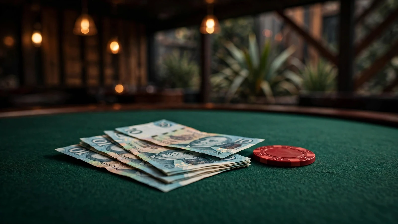 Small stack of NZ ten-dollar bills on green casino felt with a single red chip