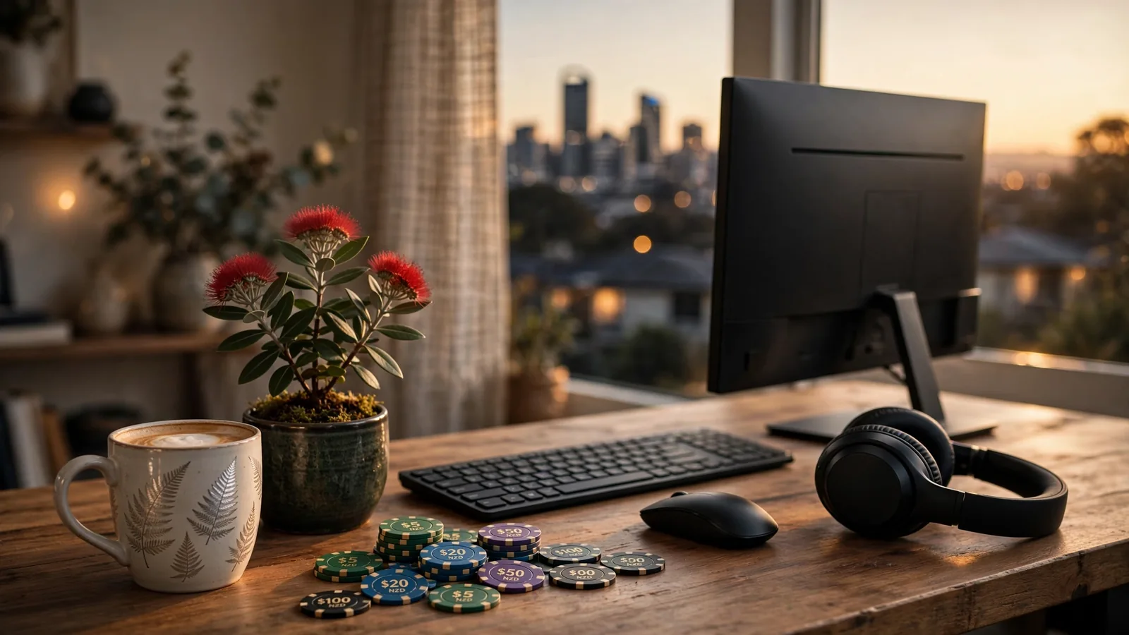 Casino desk setup with turned-away monitor, NZ-themed mug and chips