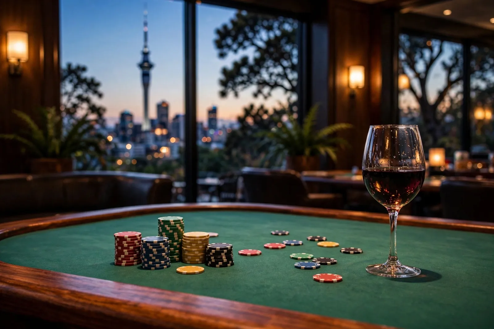 Elegant casino lounge with roulette table and Auckland skyline at dusk