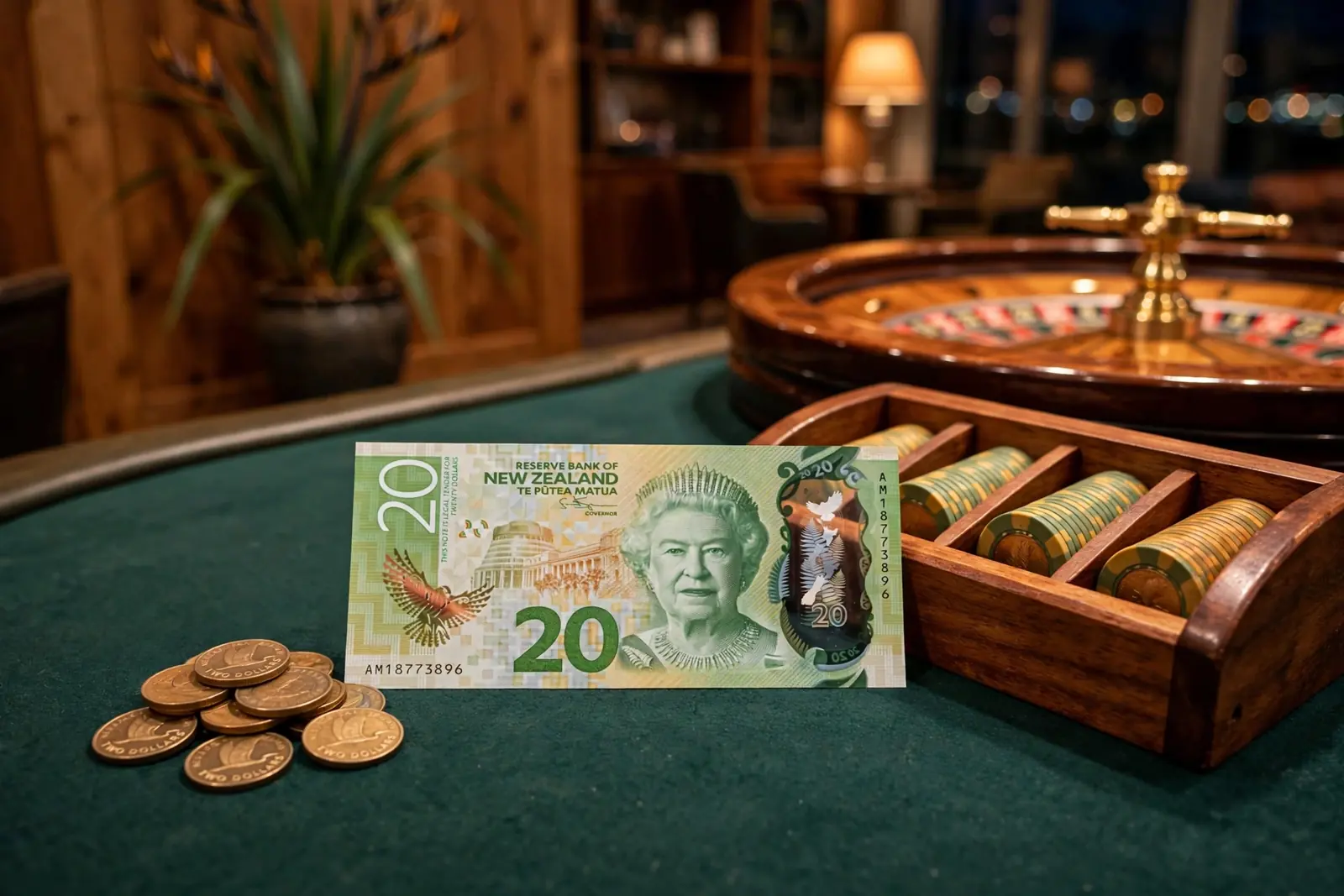 NZ two-dollar coins and banknote beside casino chips and roulette wheel