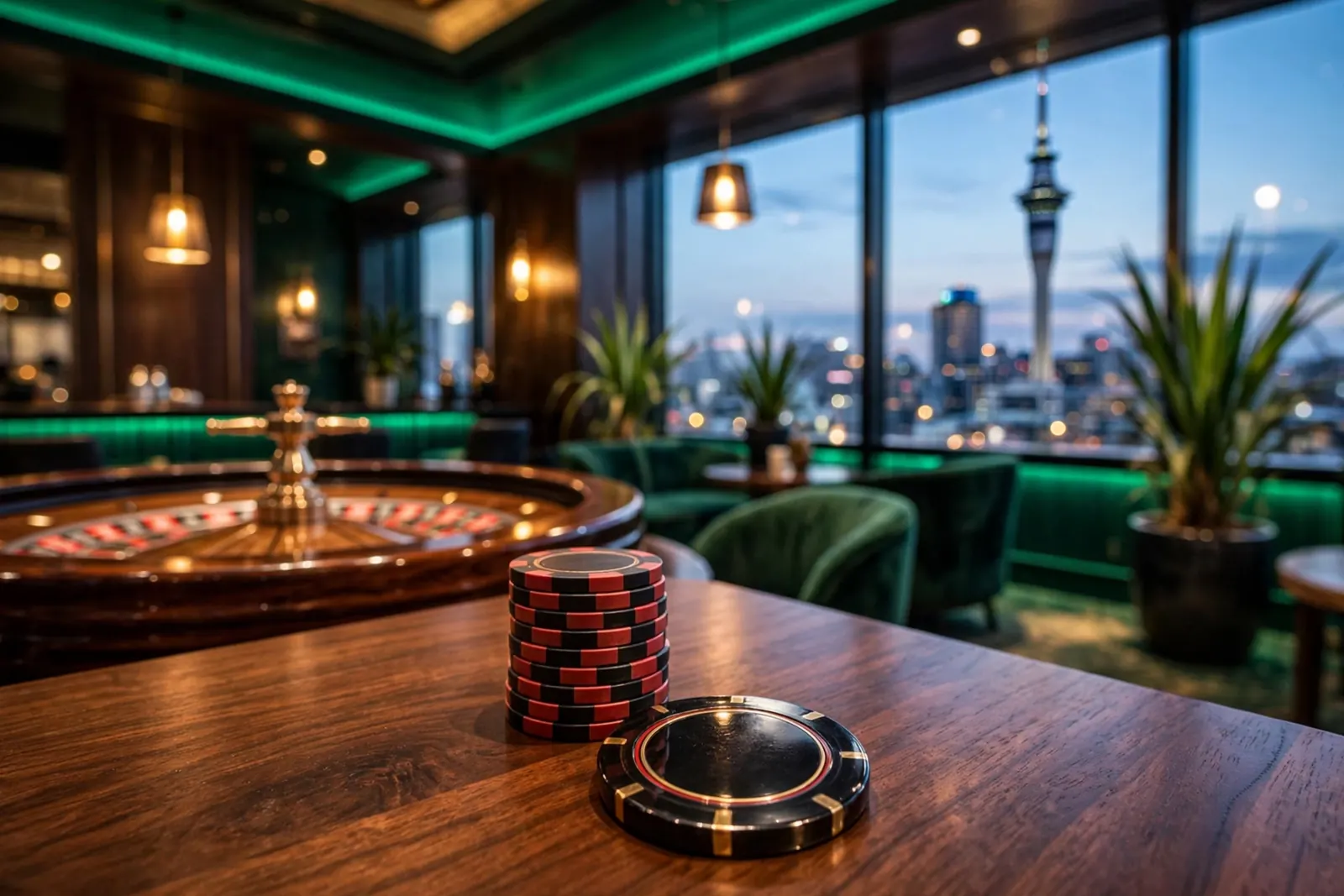 Casino chips on a table with a blurred roulette wheel and Auckland skyline