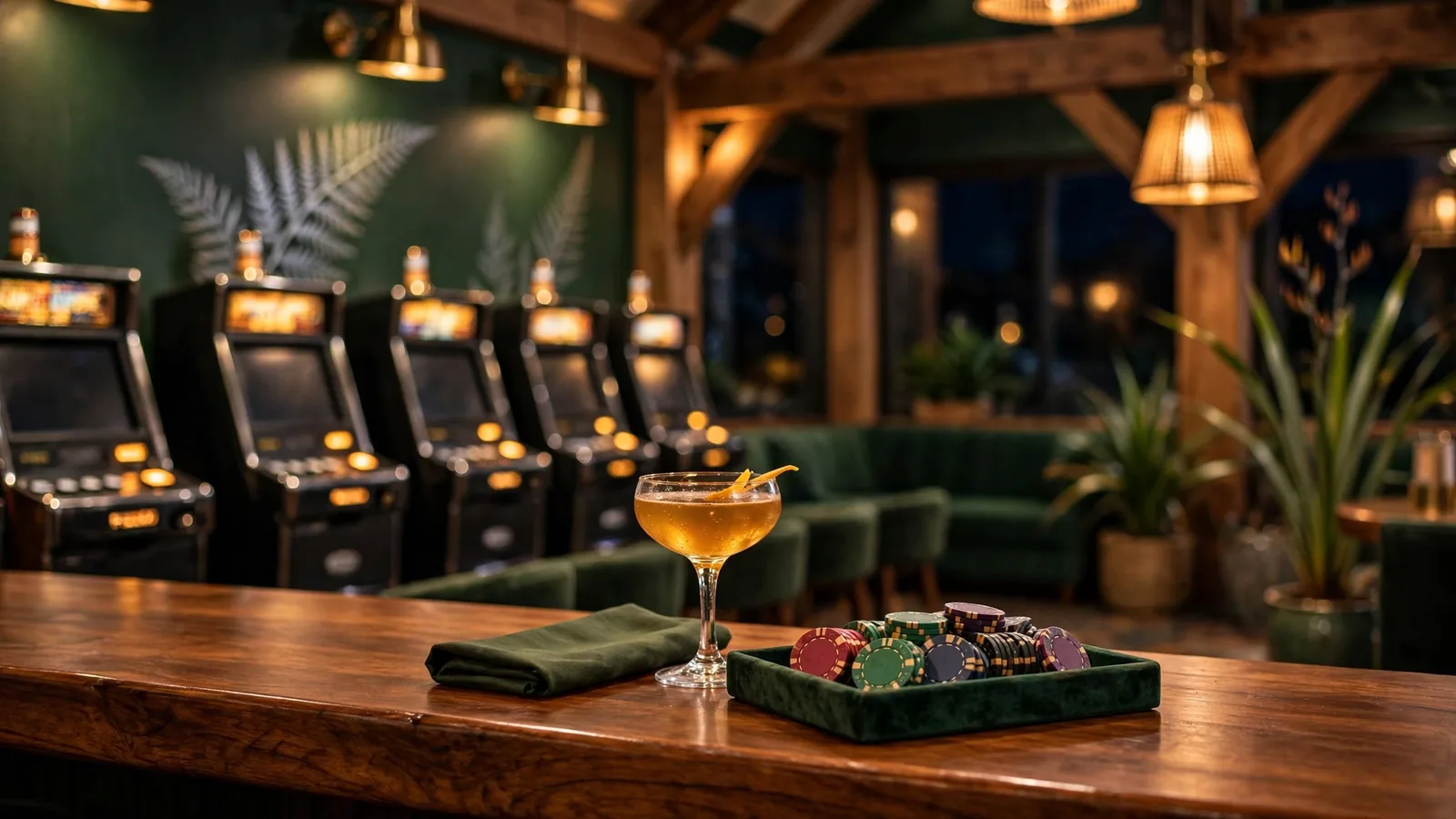 Stylish New Zealand casino lounge interior with glowing pokie machines and casino chips on the counter