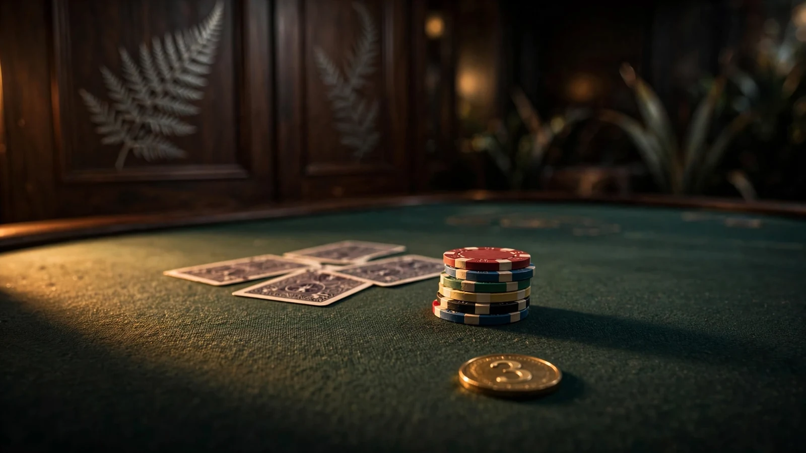 Casino chips, face-down playing cards and a three-coin on dark felt with a subtle New Zealand silver fern motif in the background