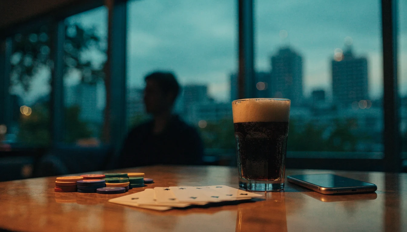 Casino chips, cards, and a face-down phone on a wooden table with a New Zealand twilight skyline in the background.
