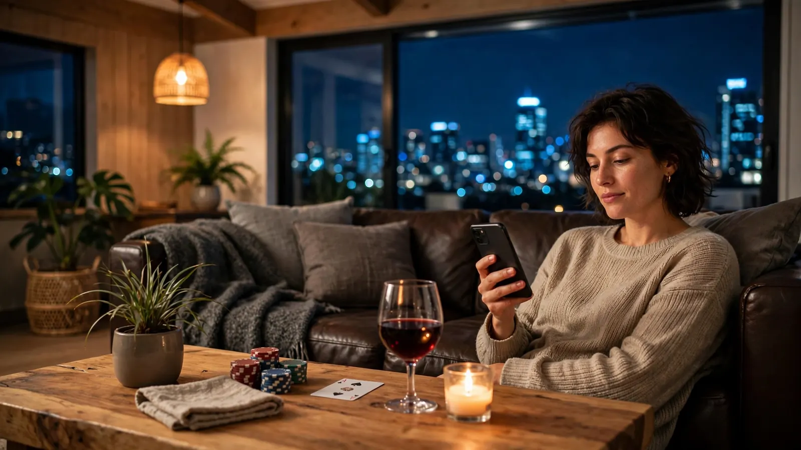Person holding smartphone with casino chips and card on table, Auckland skyline in background