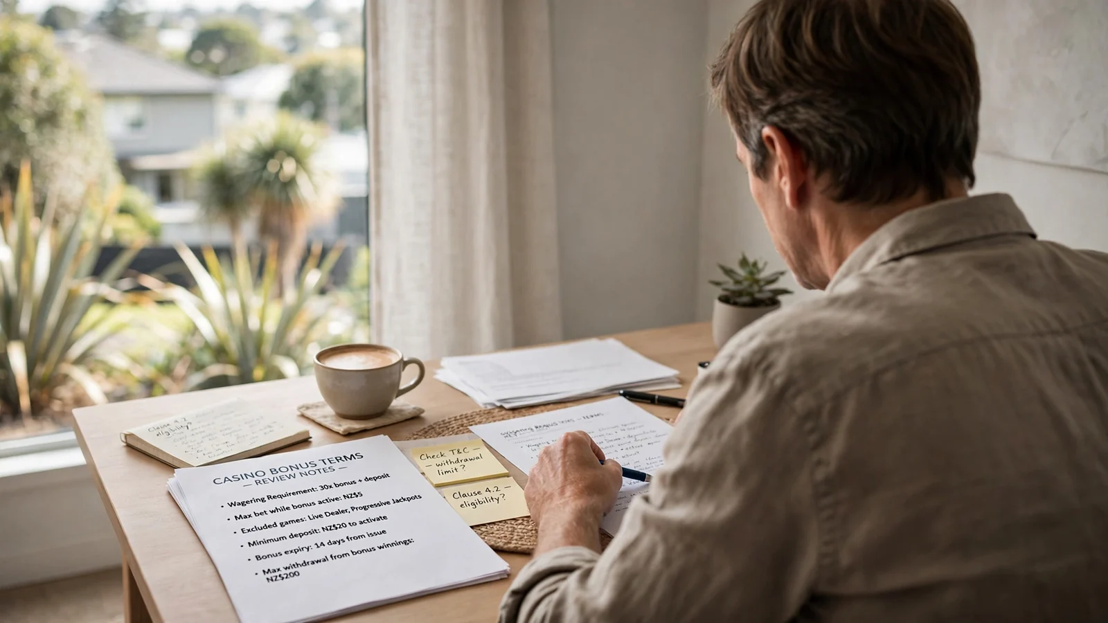 Person reviewing printed casino terms and notes at a desk in New Zealand