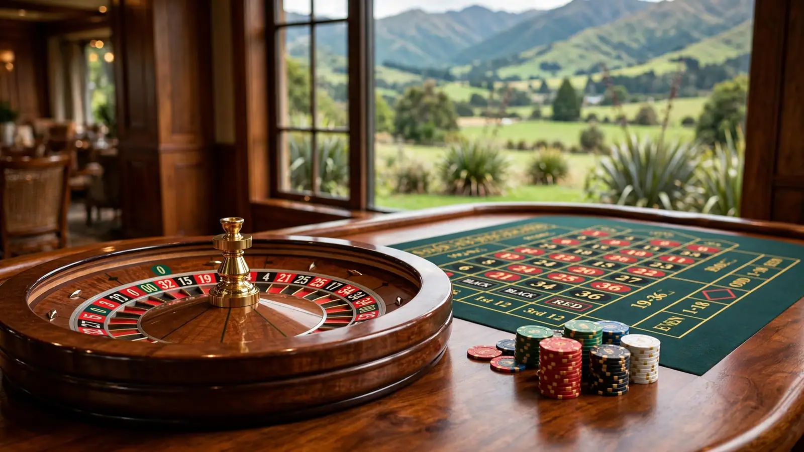 American roulette wheel with double zero on a casino table, New Zealand landscape visible in background