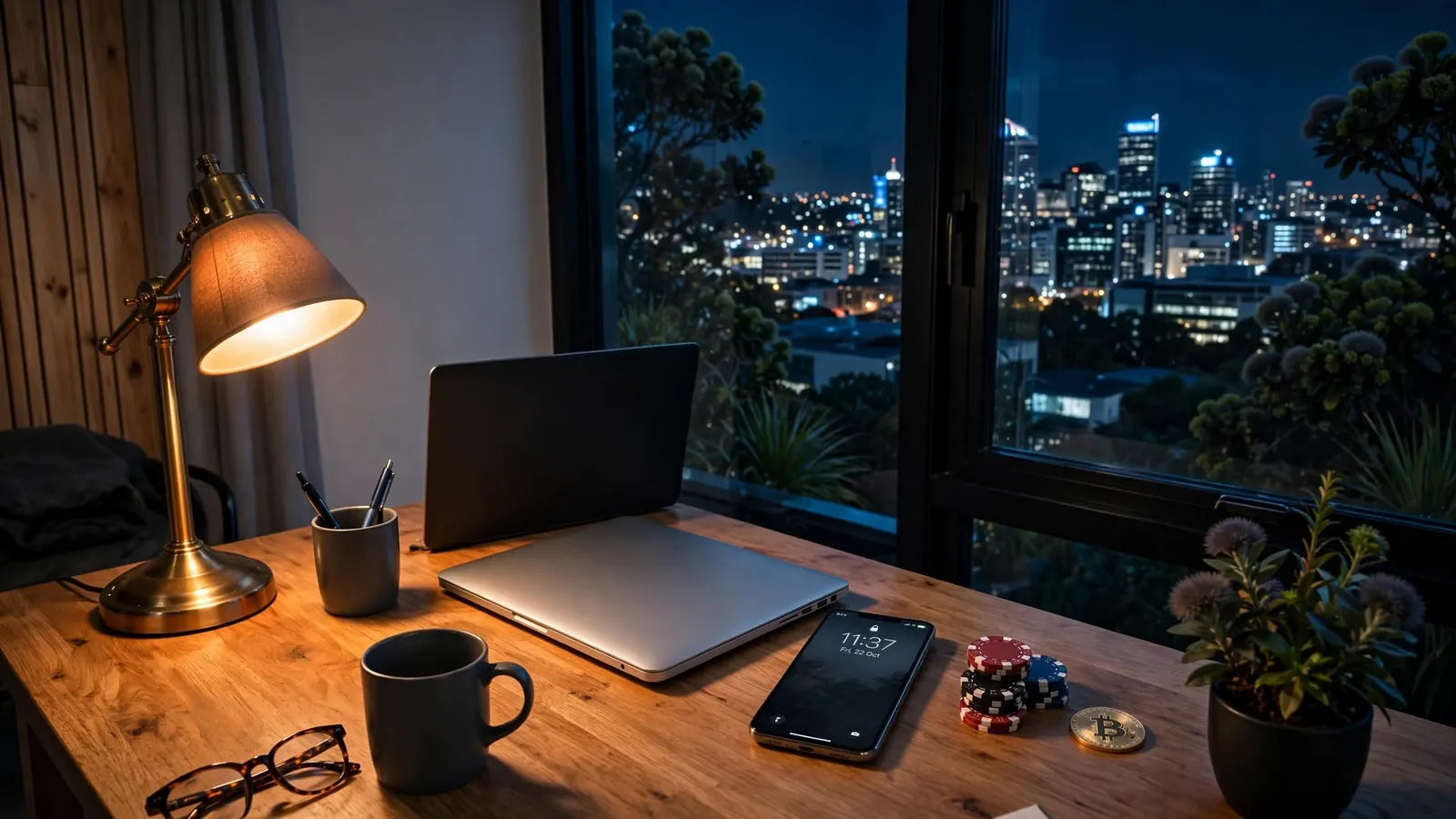 New Zealand home desk at night with laptop, Bitcoin coin, and poker chips