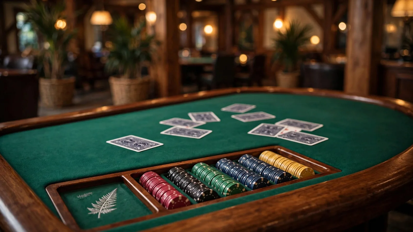 Elegant baccarat casino table with chips and cards, New Zealand subtle detail