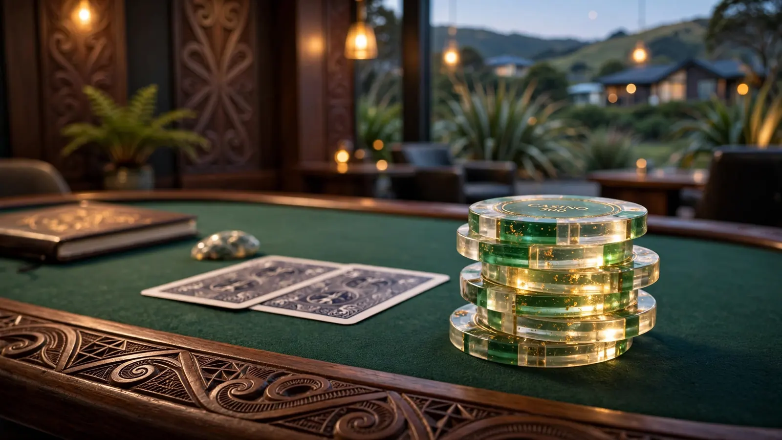 Elegant baccarat table with chips and cards in a New Zealand casino lounge