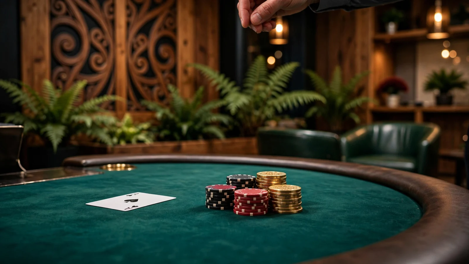 Elegant blackjack table in a New Zealand casino lounge with chips and cards