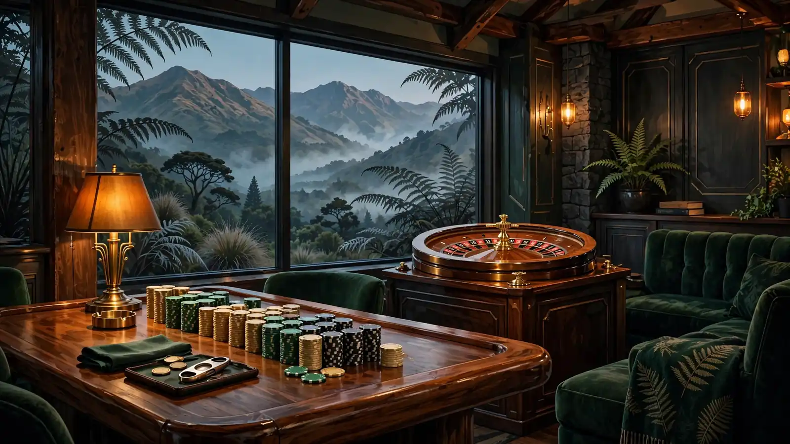 Stylized casino lounge interior with chips and roulette wheel, New Zealand landscape through window