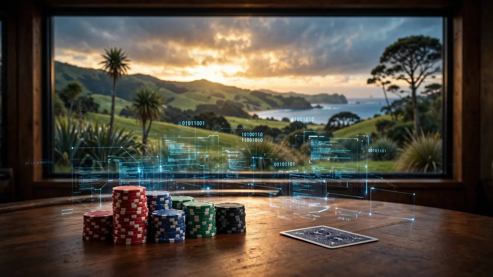 Casino table with chips and card, floating holographic code, New Zealand landscape through window