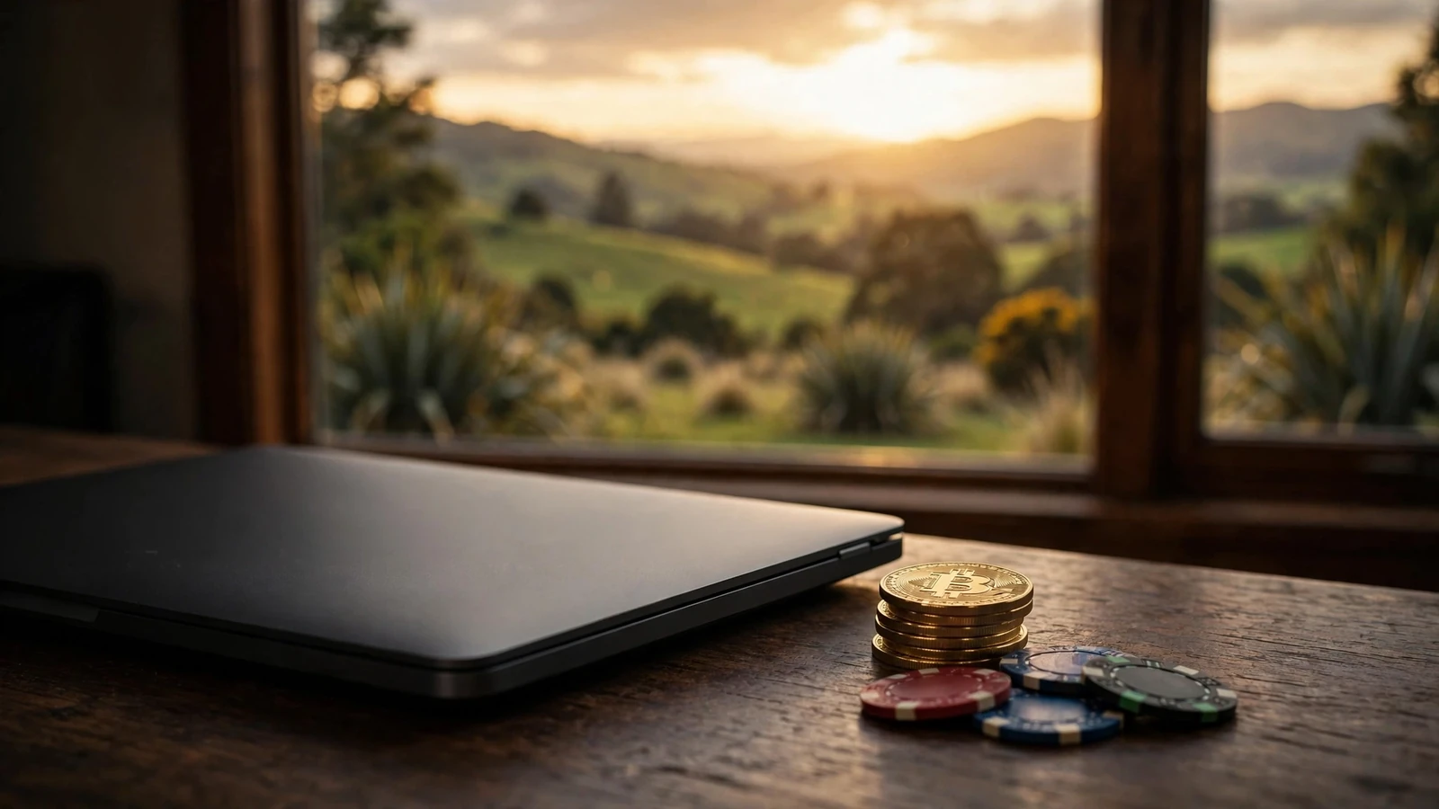 Closed laptop with Bitcoin coins and casino chips on a desk, New Zealand landscape through window.