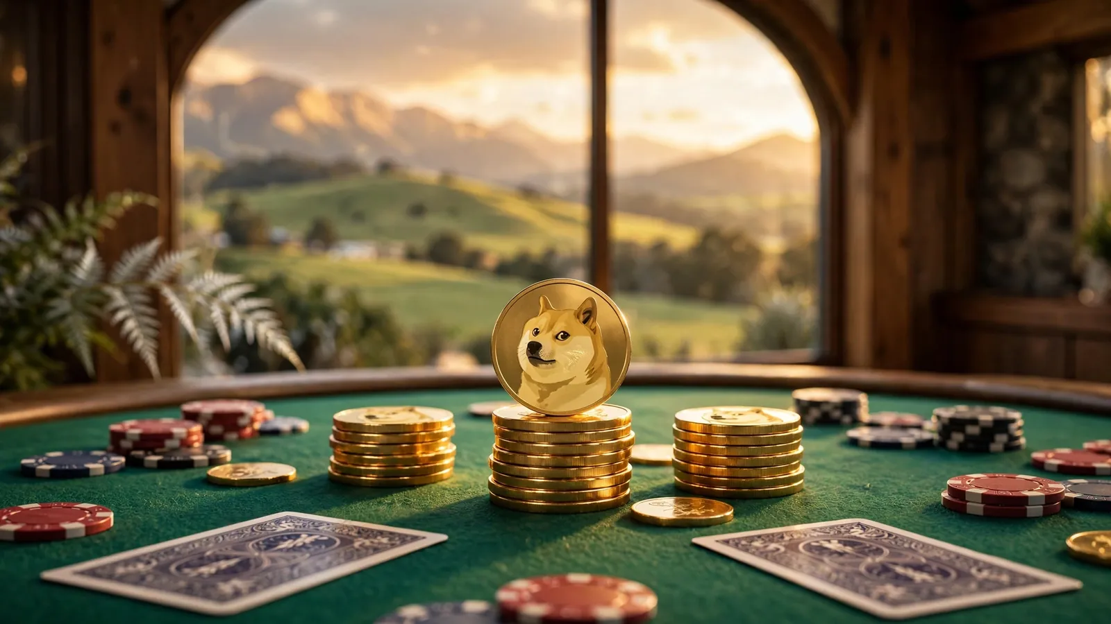 Golden Dogecoin tokens, casino chips and cards on a green felt table with a New Zealand landscape through a window.