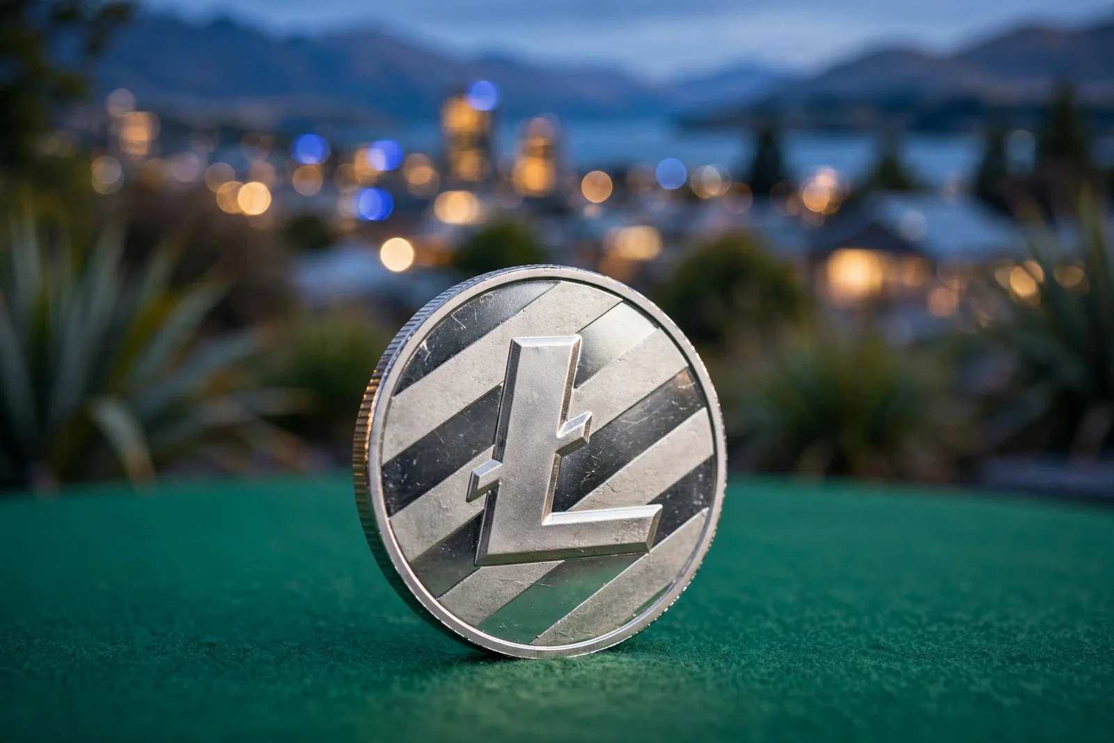 Silver Litecoin coin on green casino felt with New Zealand city skyline in background