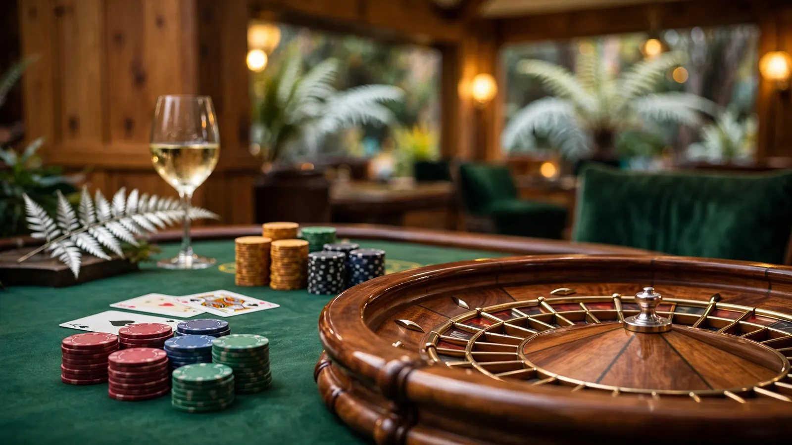 Casino roulette table with chips and a New Zealand accent