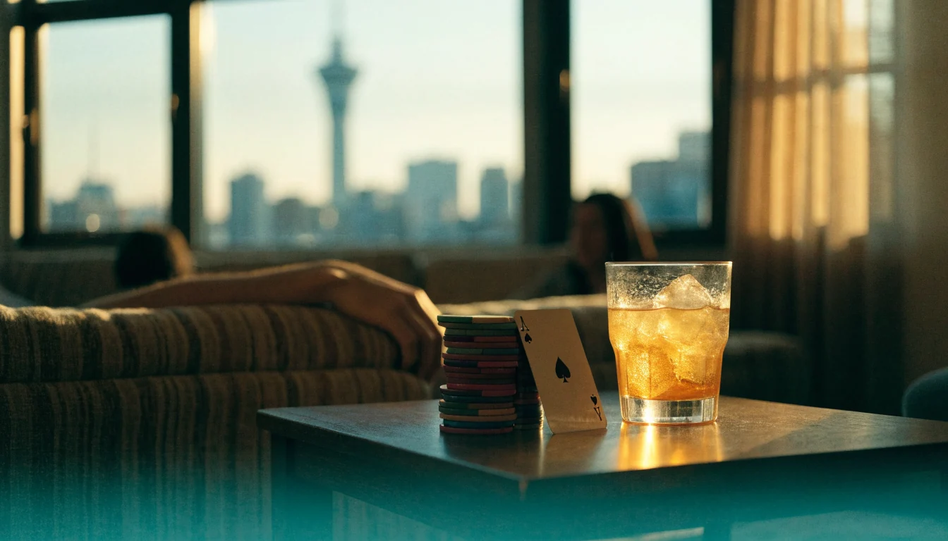 Poker chips and a playing card on a table with Auckland skyline at golden hour