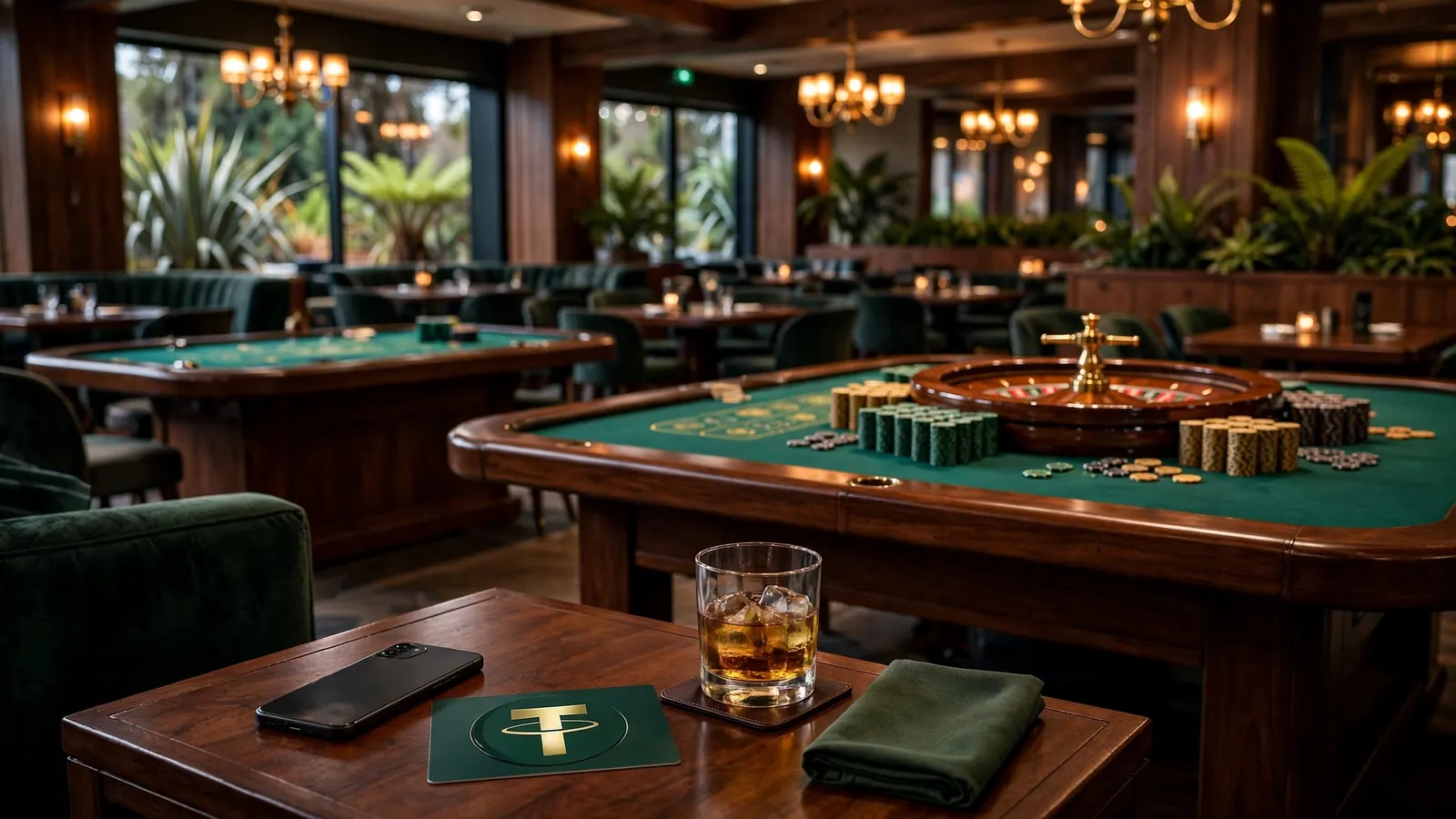 Elegant New Zealand casino interior with chips, roulette wheel, and a smartphone hinting at Tether payments