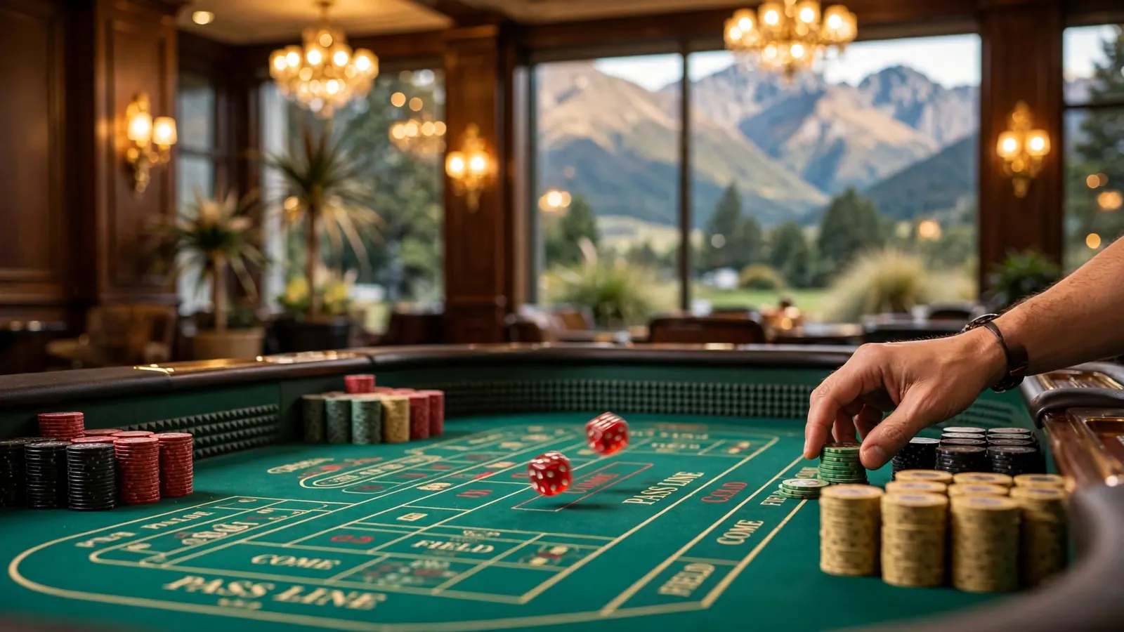 Craps table with rolling dice and stacked casino chips in a New Zealand casino
