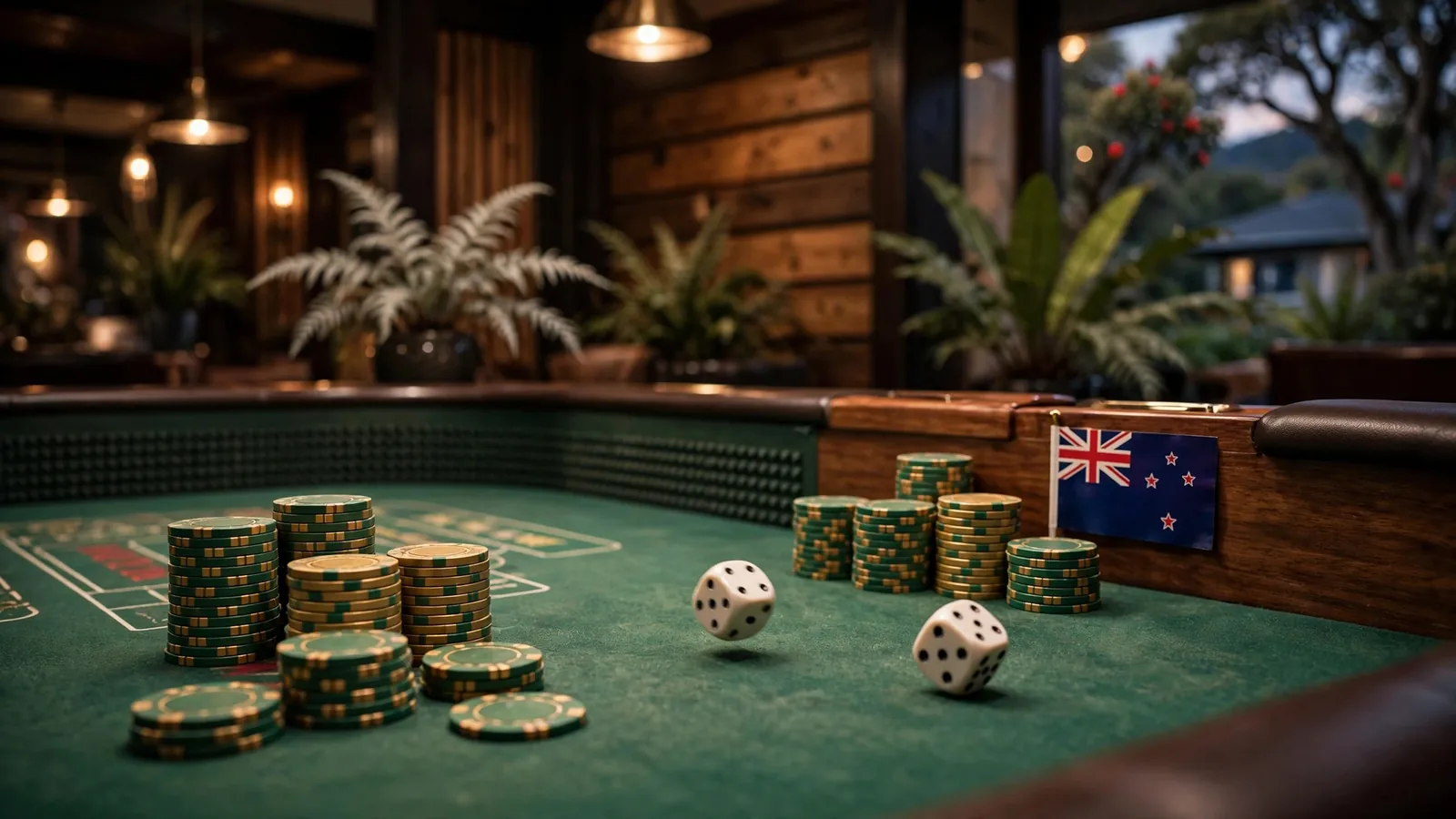 Craps table with stacked chips and dice in an atmospheric casino setting