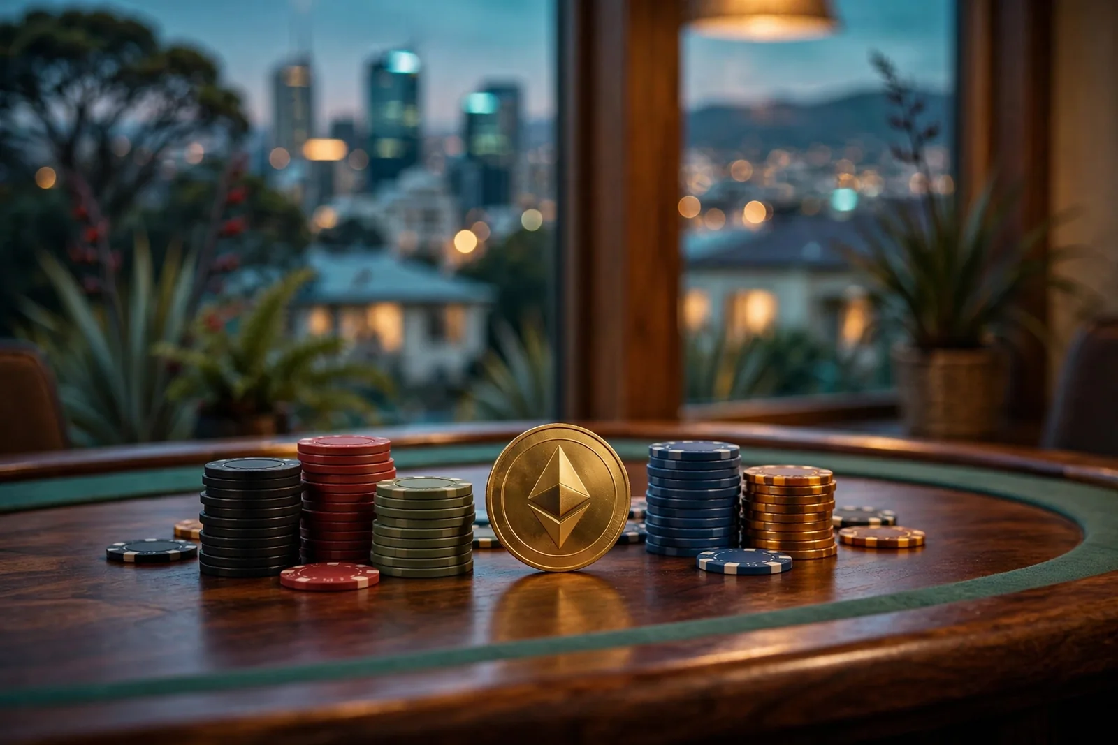 Casino chips and a golden Ethereum coin on a polished table with New Zealand skyline in background