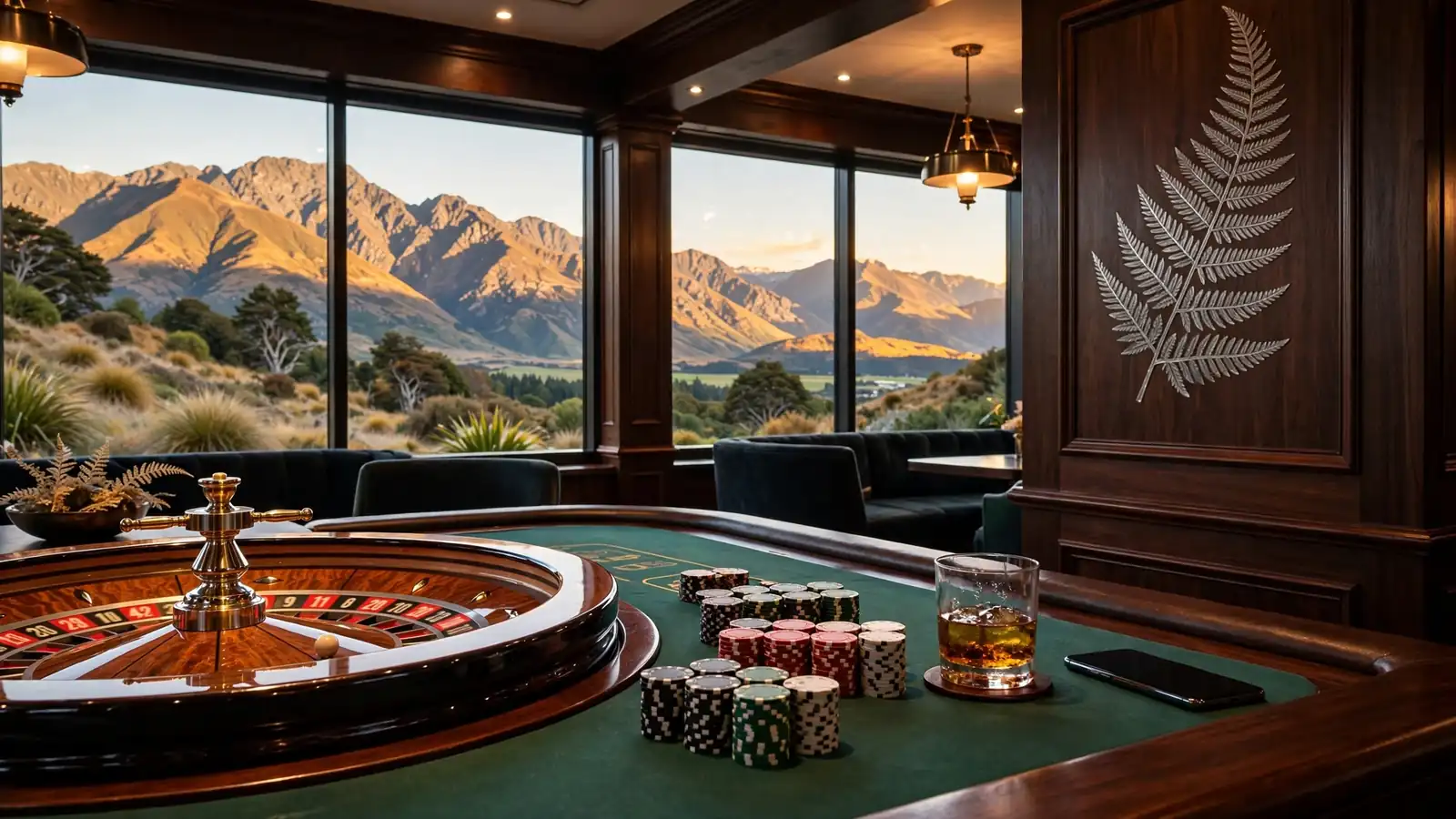 Elegant casino table with roulette and chips overlooking New Zealand mountains through large windows