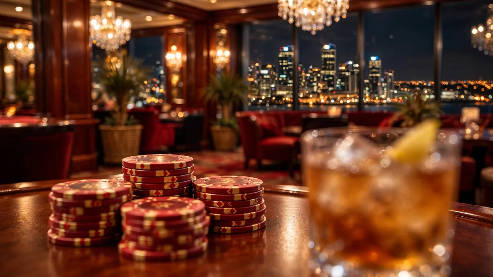 Glamorous New Zealand casino lounge with stacked chips and city skyline view