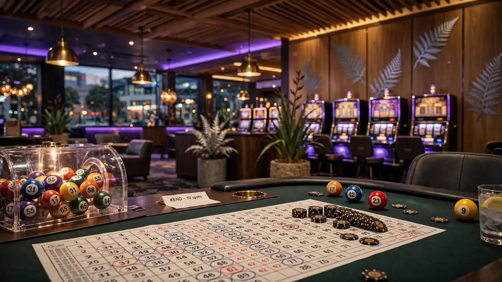Modern New Zealand casino lounge with a keno game table, colorful balls and warm lighting.