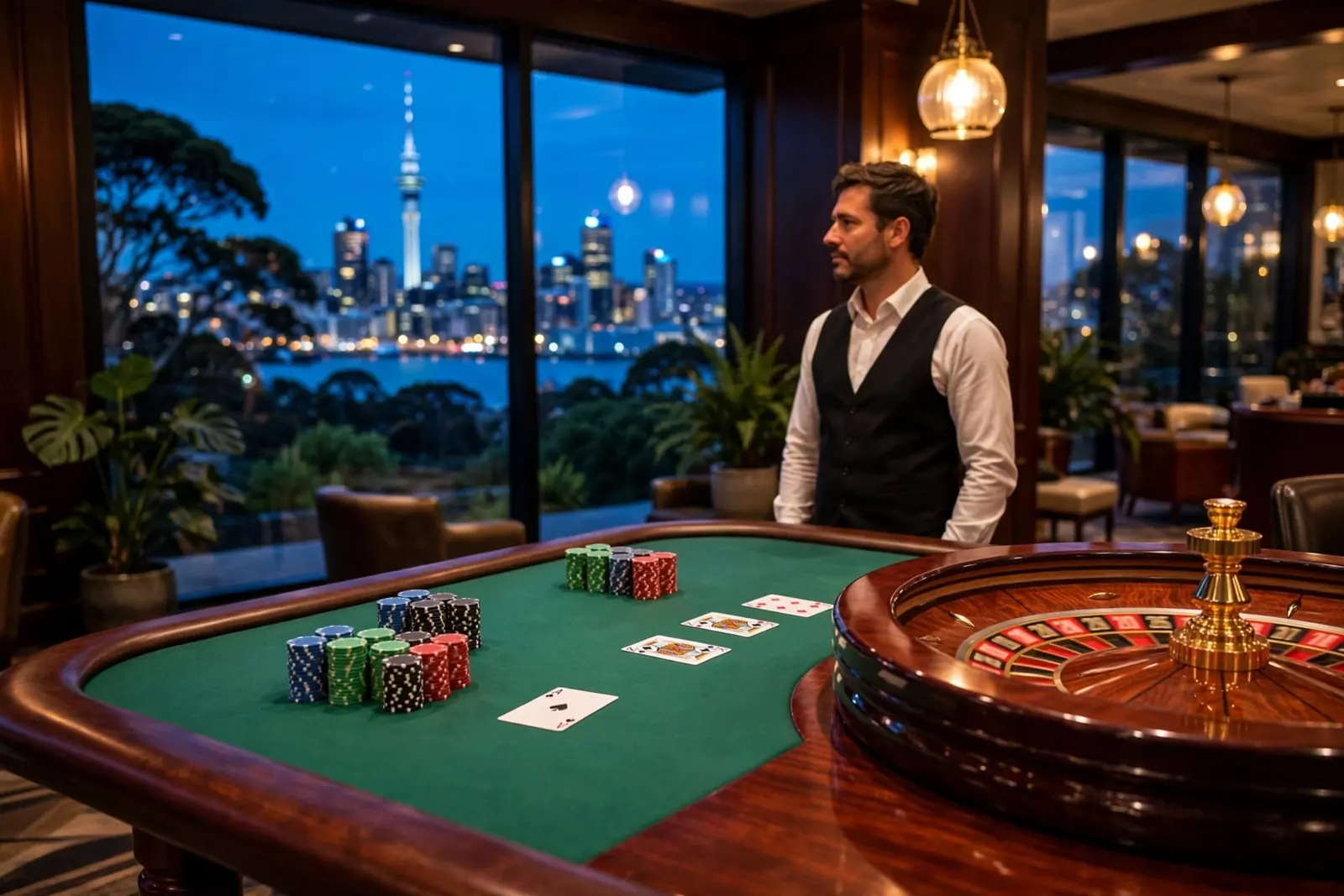Live dealer casino table with roulette wheel and chips, Sky Tower of New Zealand visible through studio window at night