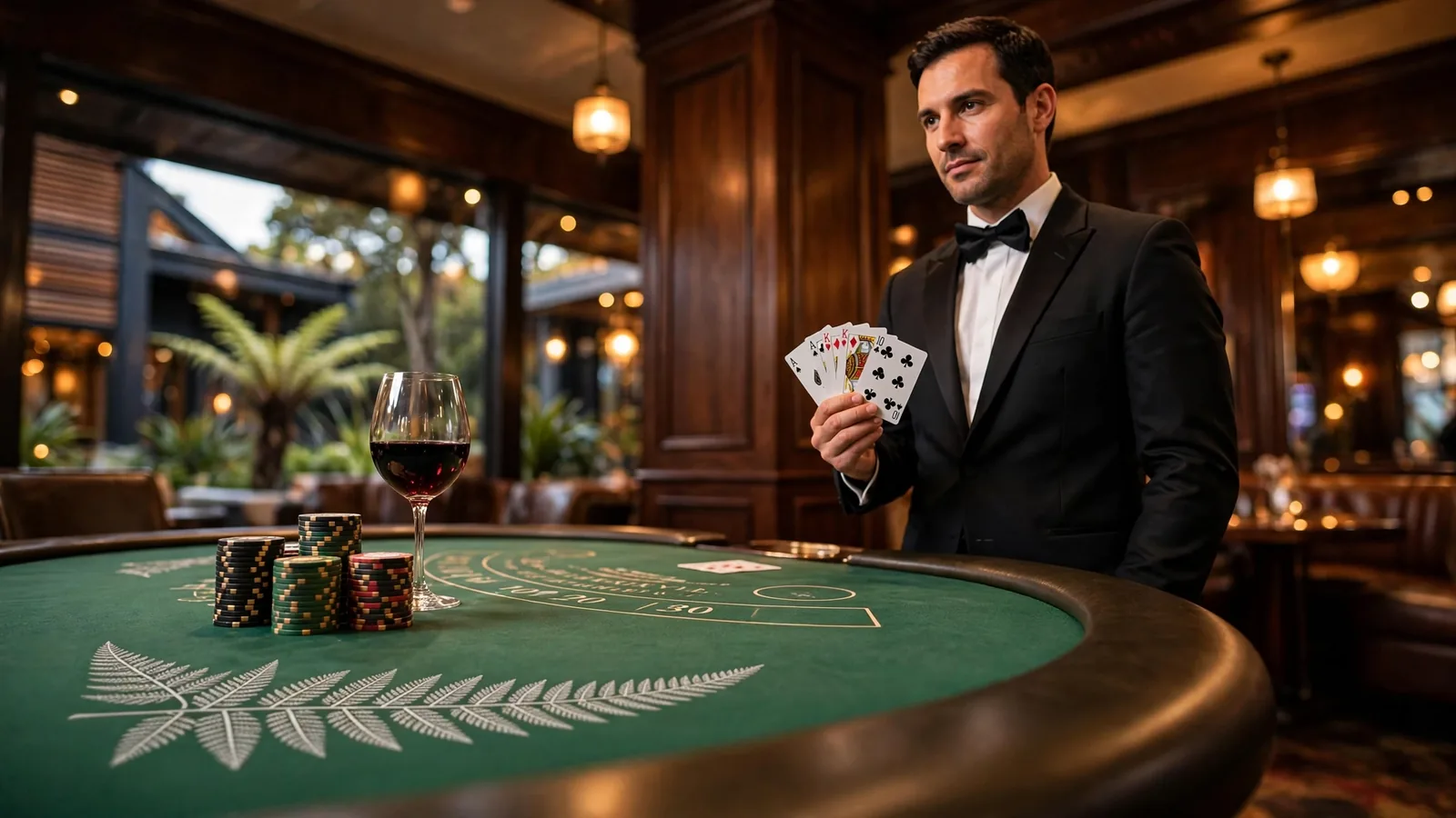 Live dealer casino studio with croupier at blackjack table in warm lighting