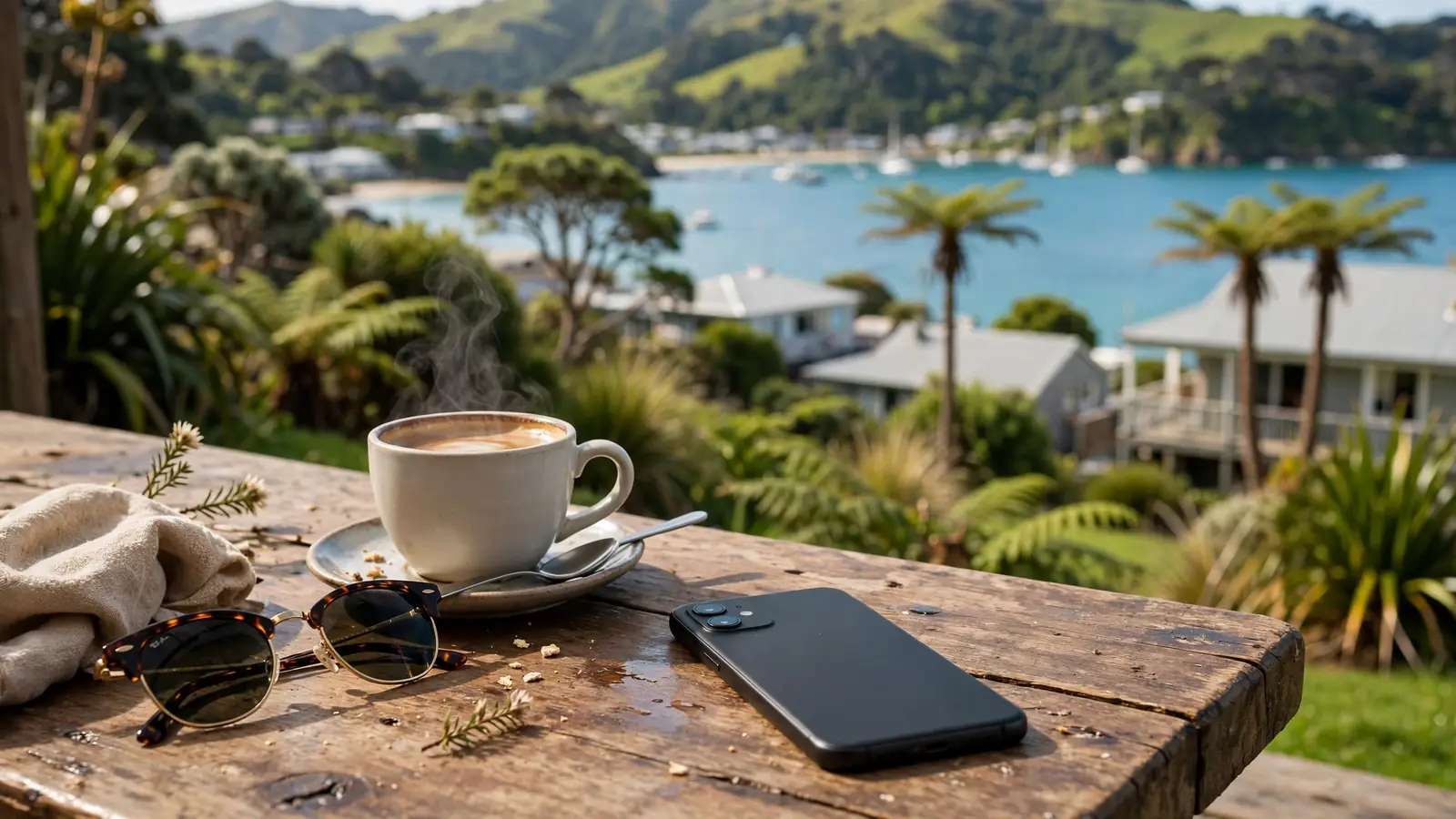 Smartphone on a cafe table with ocean and hills in New Zealand