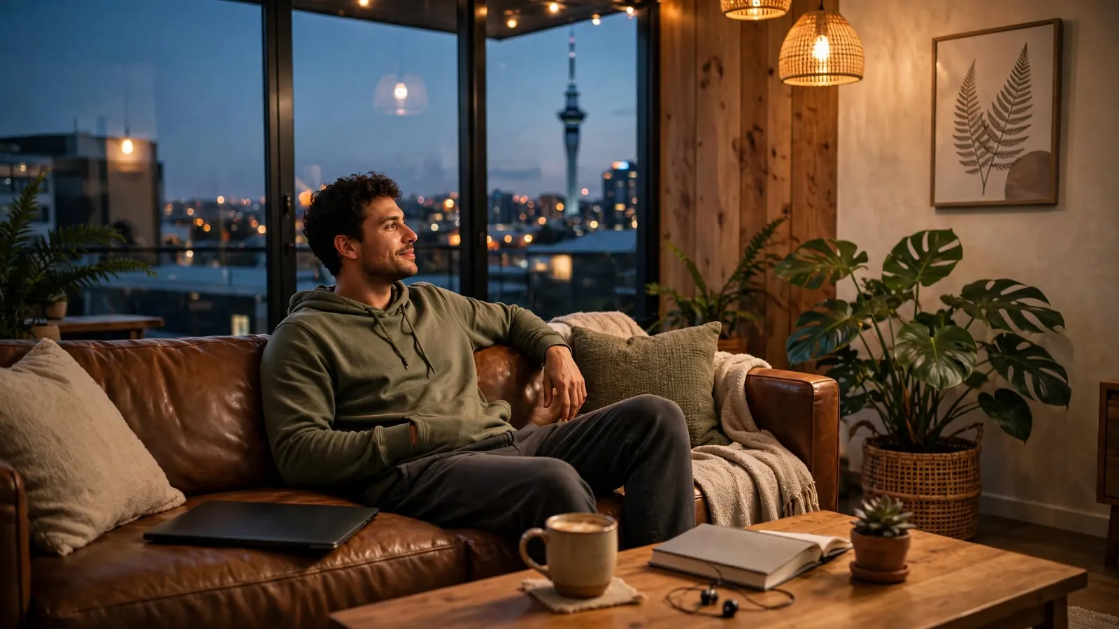 Relaxed person in Auckland apartment with closed laptop, suggesting private online gaming
