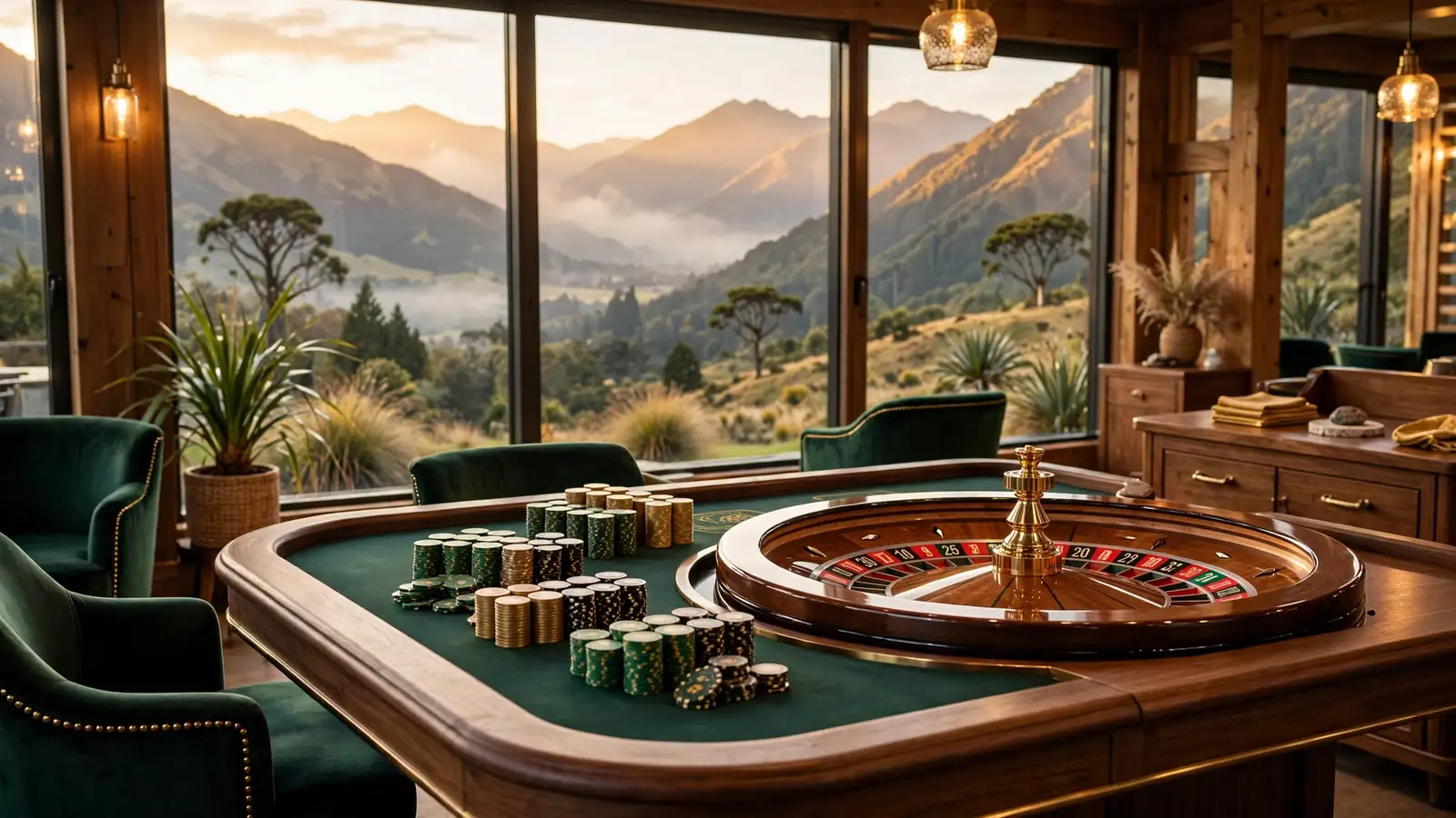 Casino roulette table with chips, New Zealand mountains visible through the window