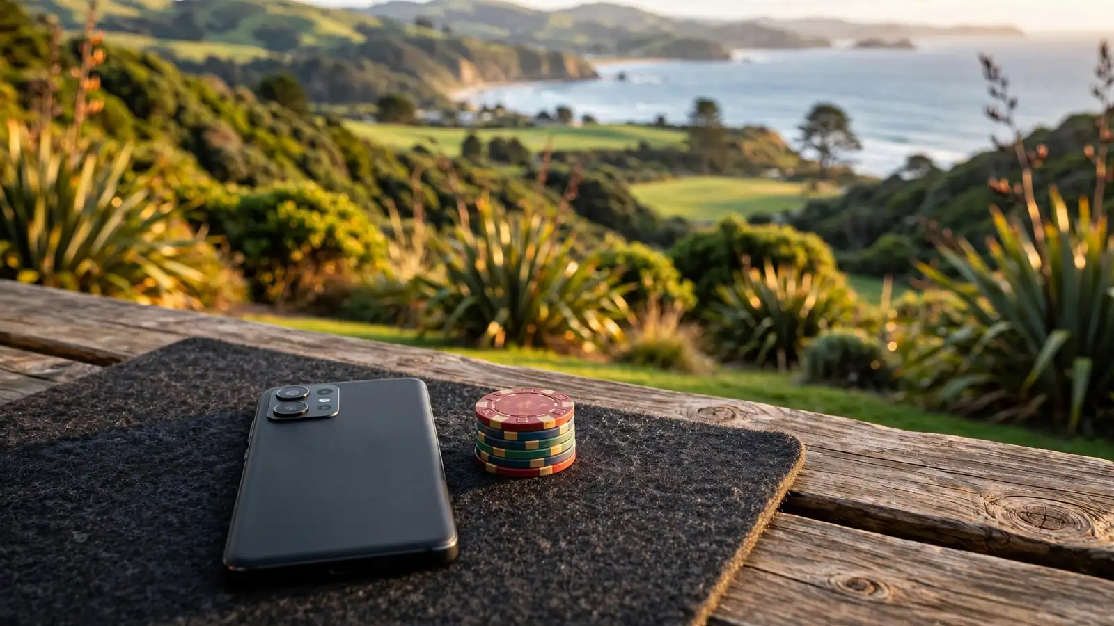 Android smartphone on a table with casino chips against a New Zealand coastal landscape