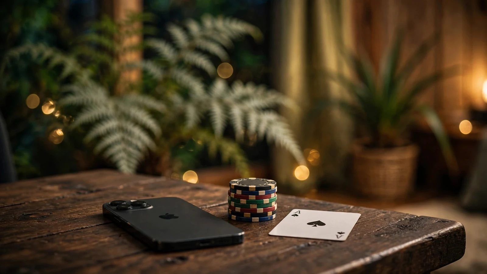 iPhone on a table with casino chips, New Zealand casino theme