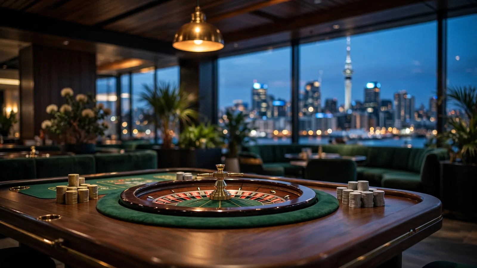 Elegant New Zealand casino interior and Auckland skyline at night