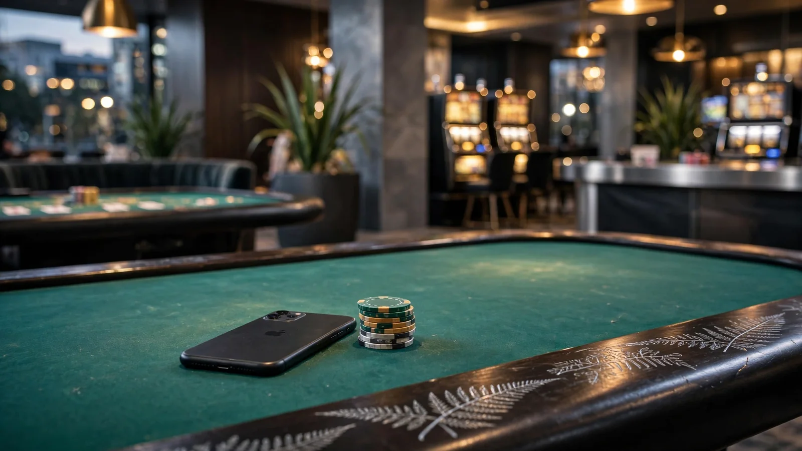 iPhone on casino table with chips, Auckland lounge