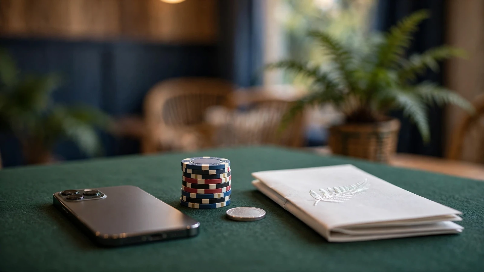 Casino chips, a face-down smartphone, and a licence document on a green felt table in a dim room.
