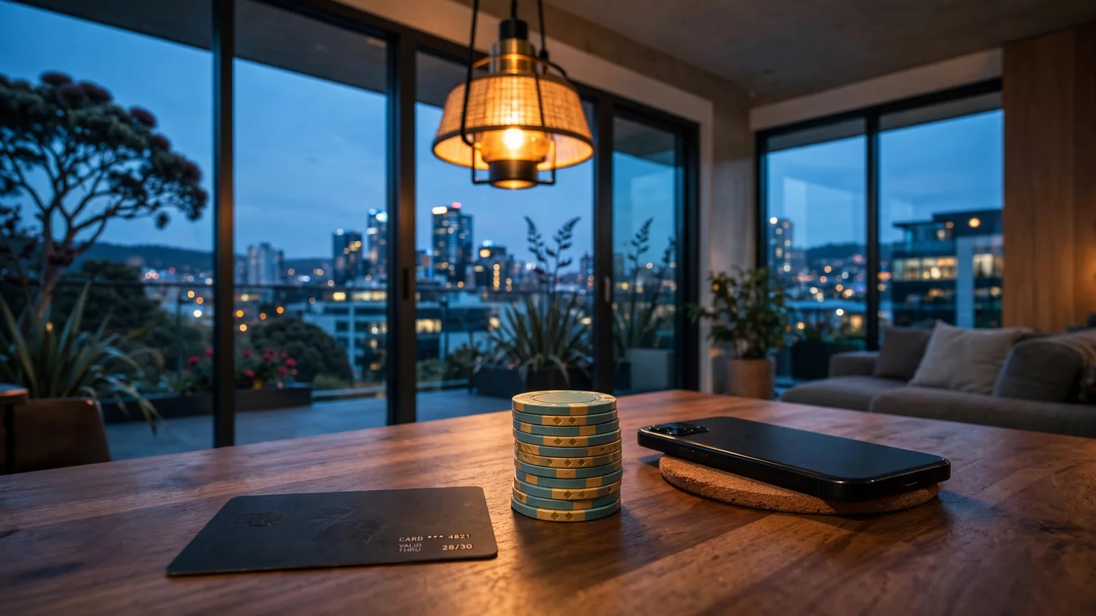 Credit card, poker chips, and a smartphone on a table in a New Zealand apartment at dusk.