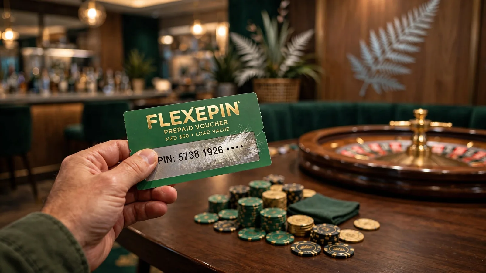 Hand holding a Flexepin voucher above casino chips in a New Zealand casino lounge