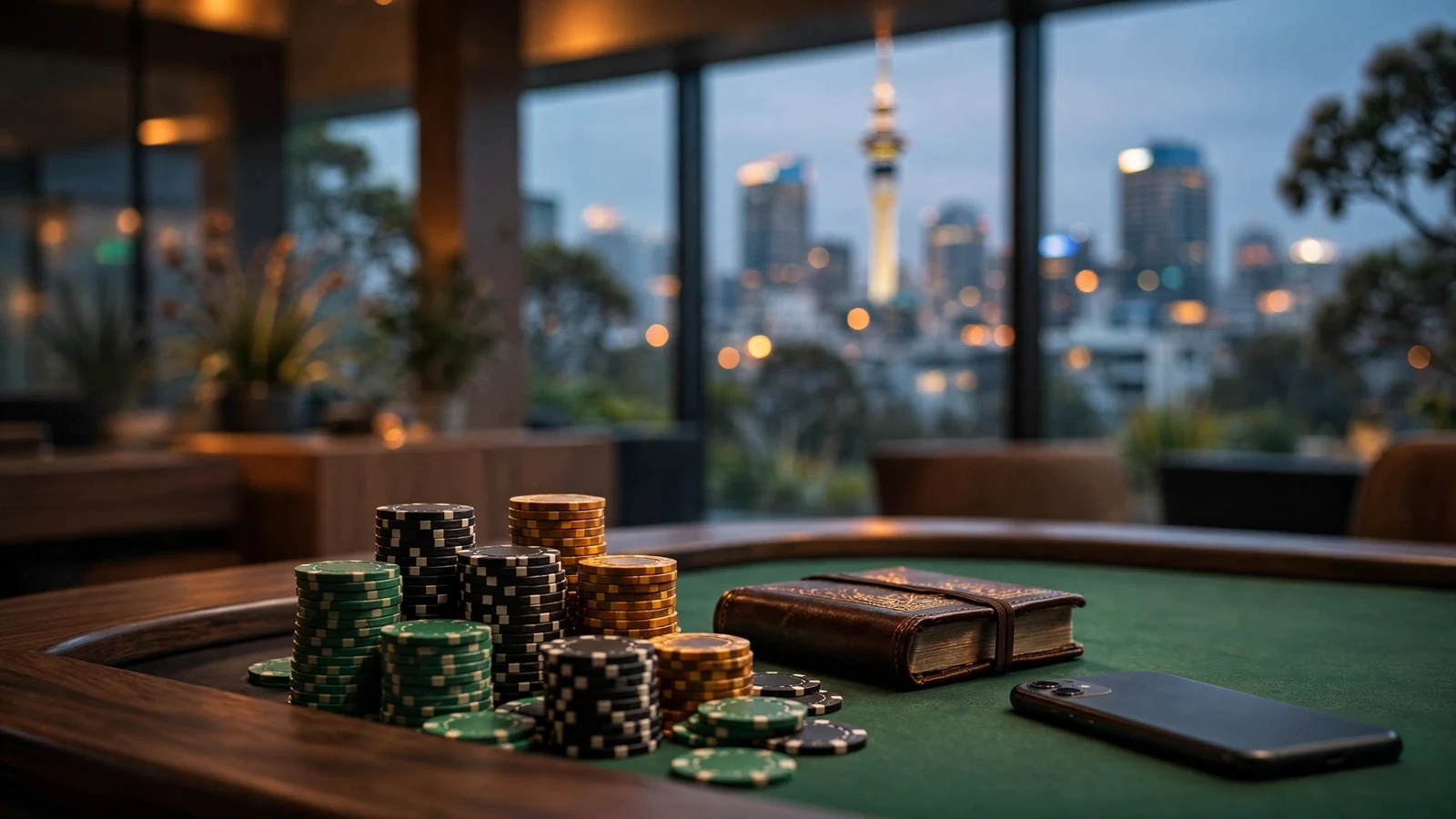 Casino chips, a face-down phone, and an Auckland skyline at dusk