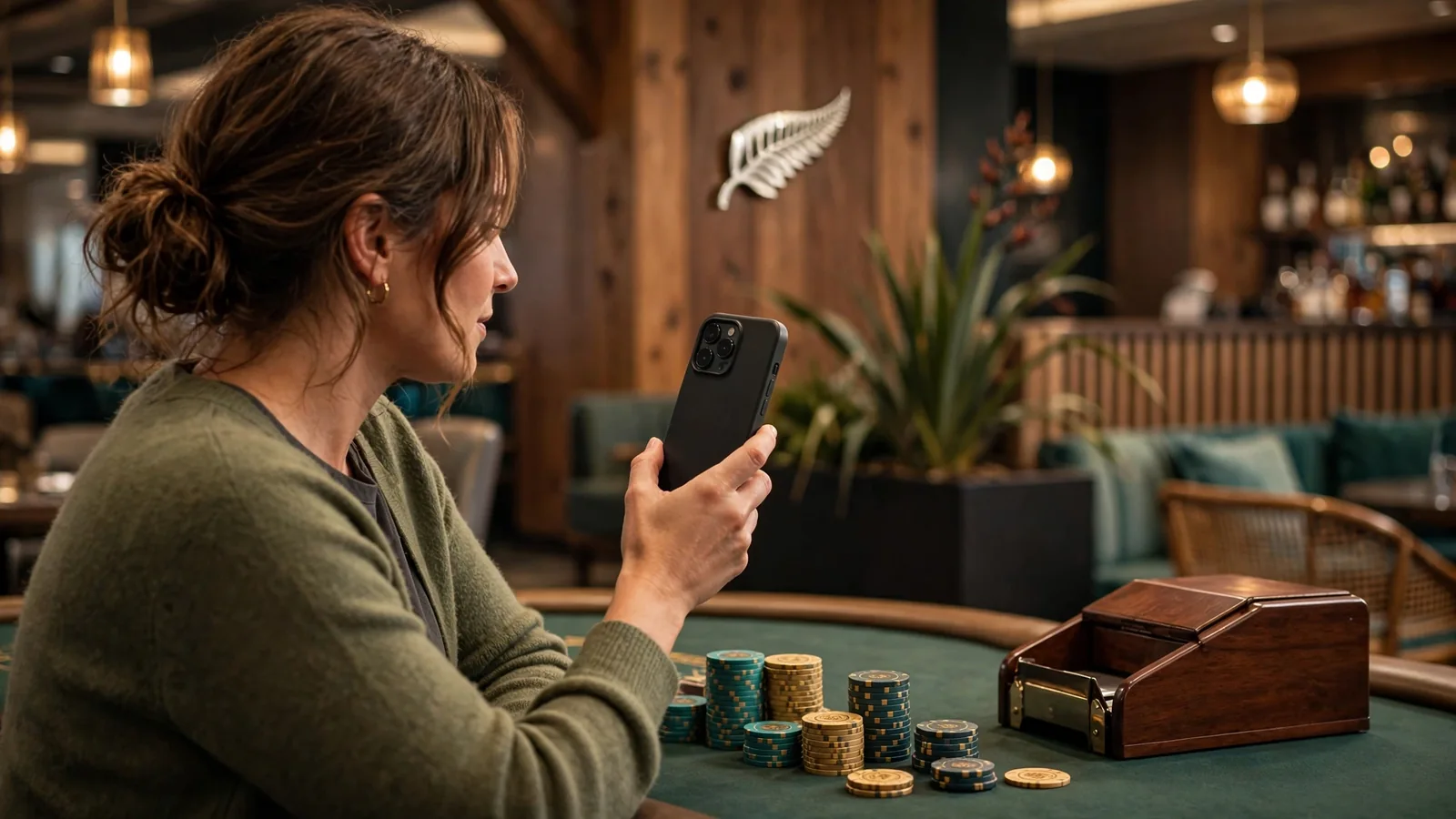 Casino table with chips, a person holding a smartphone facing away, warm New Zealand lounge atmosphere