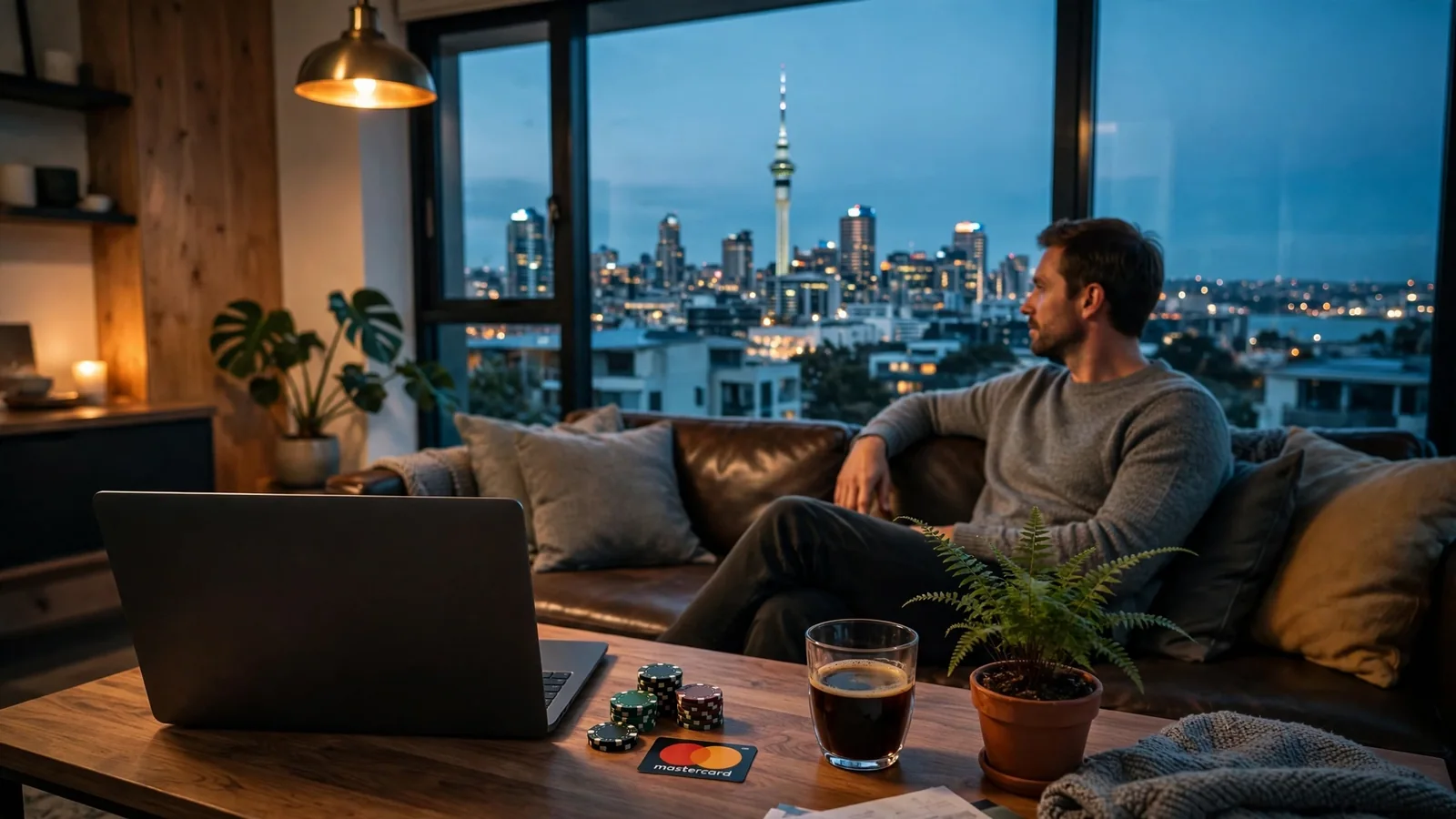 Person relaxing in Auckland apartment with laptop and Mastercard on coffee table at dusk