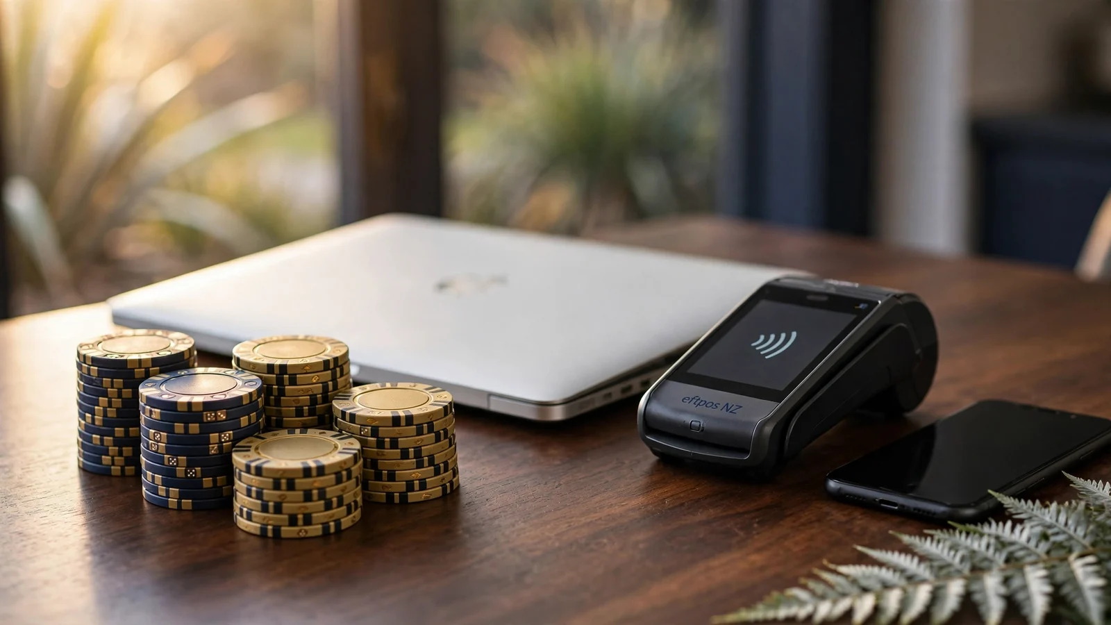 New Zealand casino chips, closed laptop, and payment terminal on a wooden desk