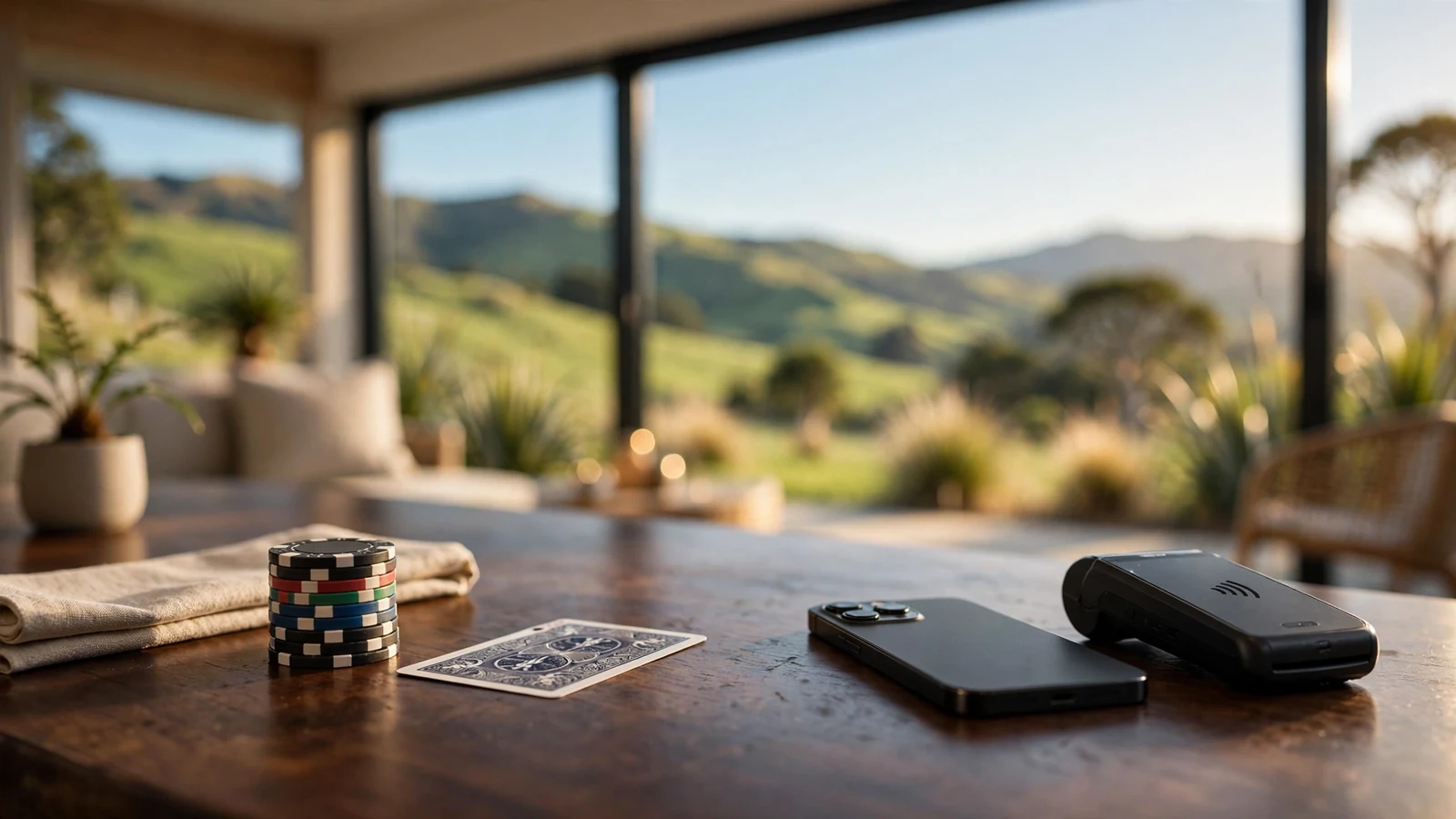 Smartphone and payment terminal on a casino table with a New Zealand landscape through the window