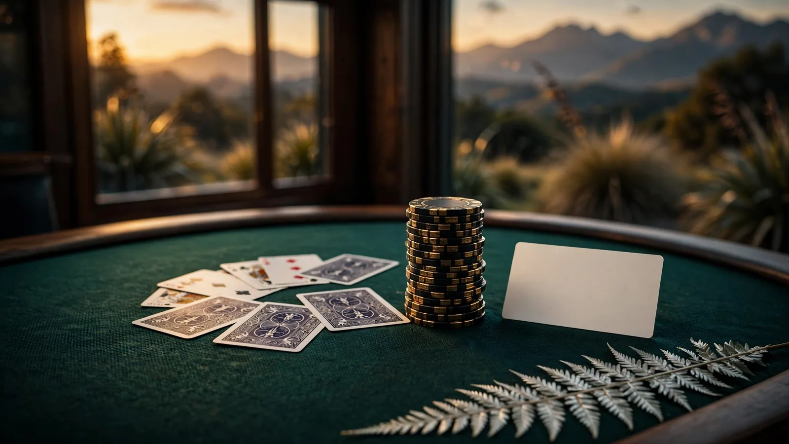 Casino chips, playing cards and a prepaid voucher on a green felt table with a silver fern.