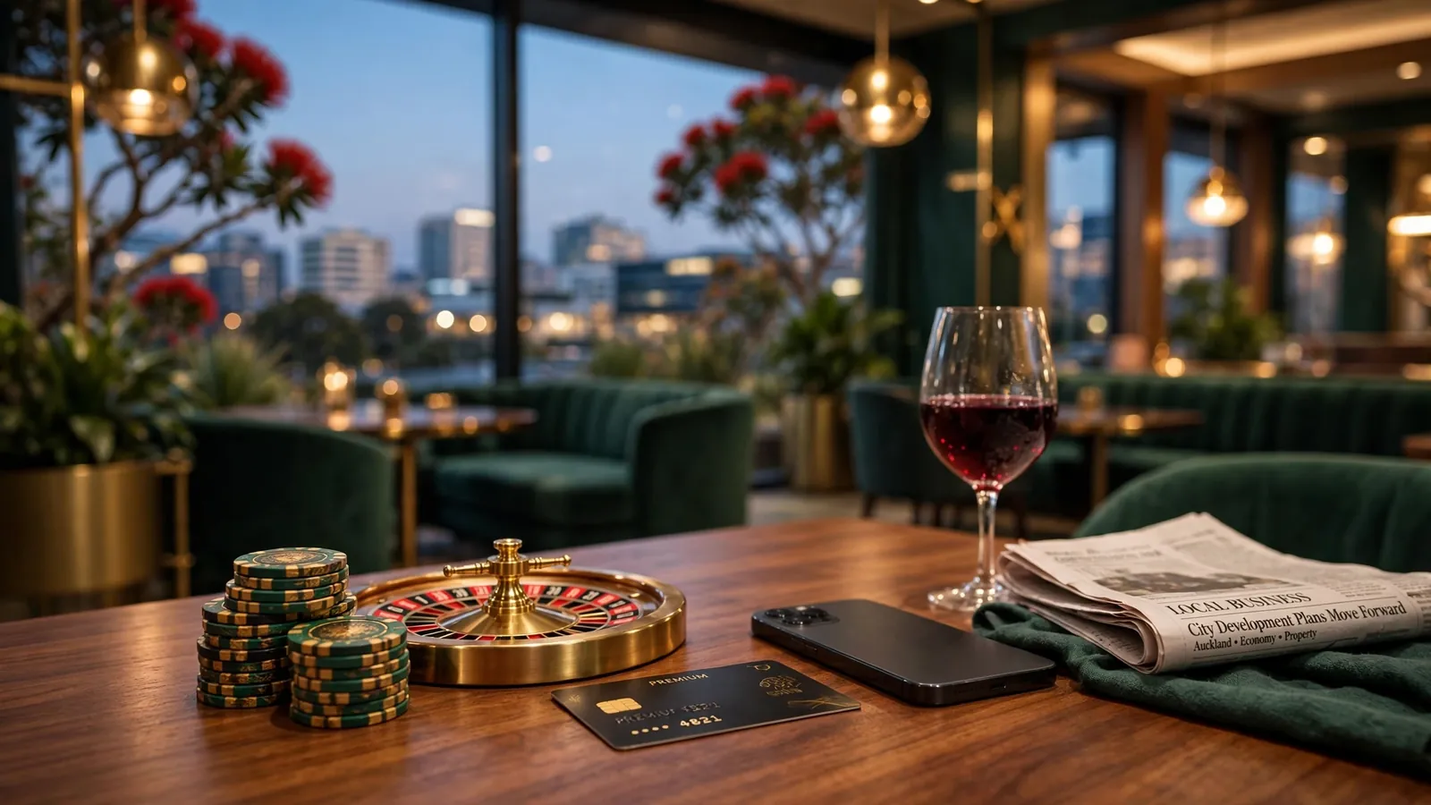 New Zealand casino lounge with chips, roulette, and smartphone on table at twilight