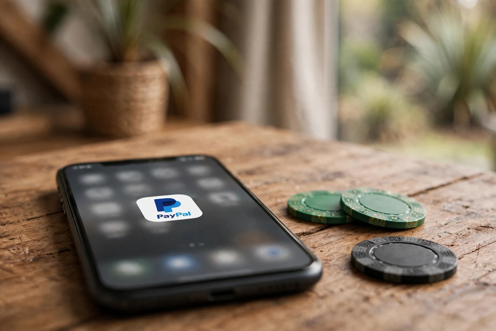 Smartphone with PayPal app near casino chips on a wooden table